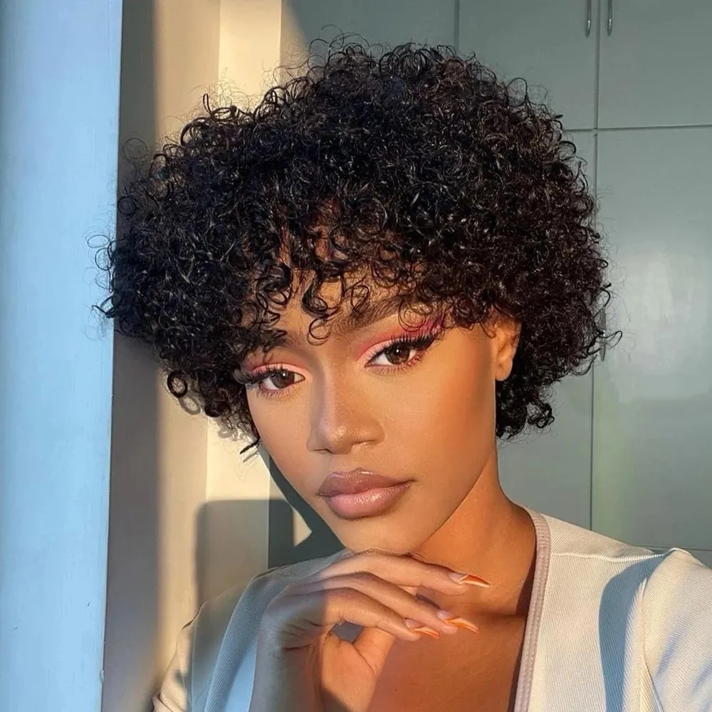 Short Bob Pixie Cut Wig Human Hair Afro Kinky Curly with bang Brazilian Virgin Full Machine 8inch Wigs For Women soft