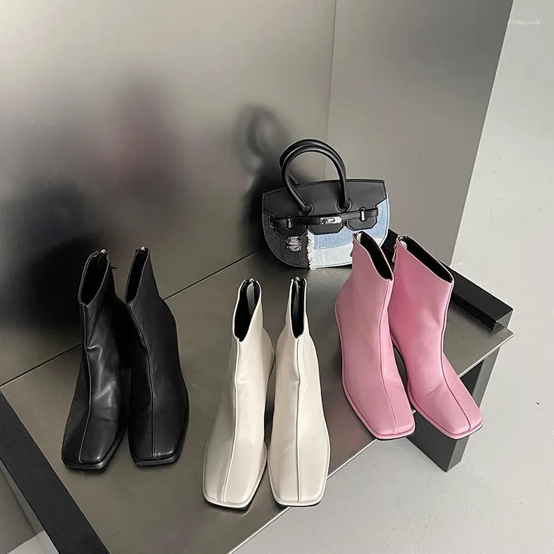 Boots Fashion Women Ankle Square Toe Short Booties Black White Pink Solid Color Back Zipper 2022 Arrivals Round High Heels