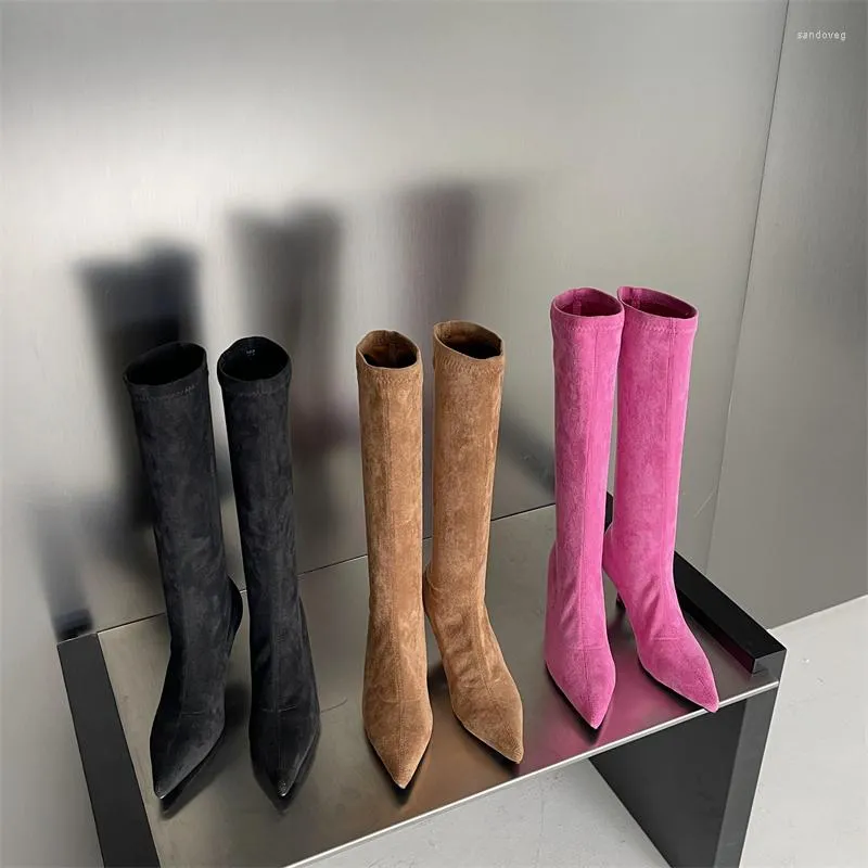 Botas Outono Primavera Feminino Sapatos Joelho Alto Elástico Salto Fino Deslizamento Meia Botas Moda Feminina Bombas Marrom Rosa