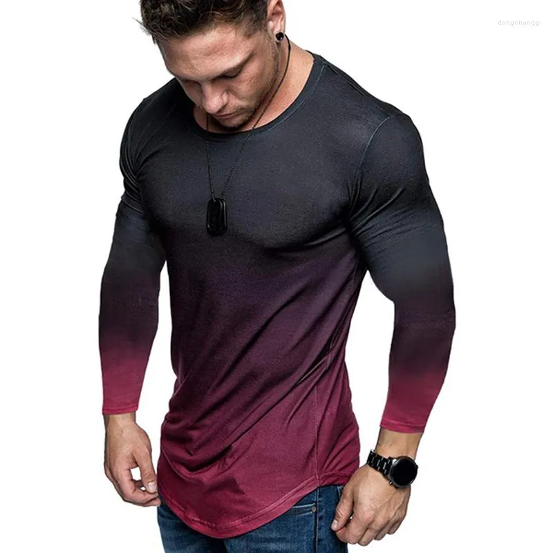 Men's T Shirts Men's Slim Casual Fit Gradient Color Long Sleeve Shirt Blouse Fashion Gyms