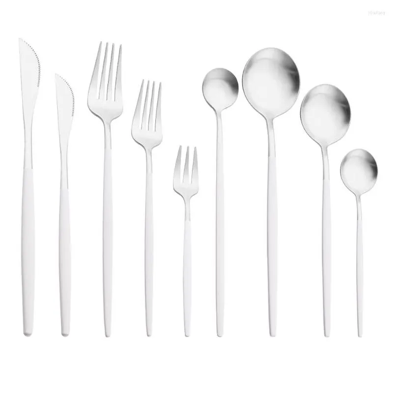 Ensembles de vaisselle Blanc Argent Acier inoxydable Mat Ensemble Couteau à dîner Cuillère à glace Fourchette à thé Couverts à café Couverts