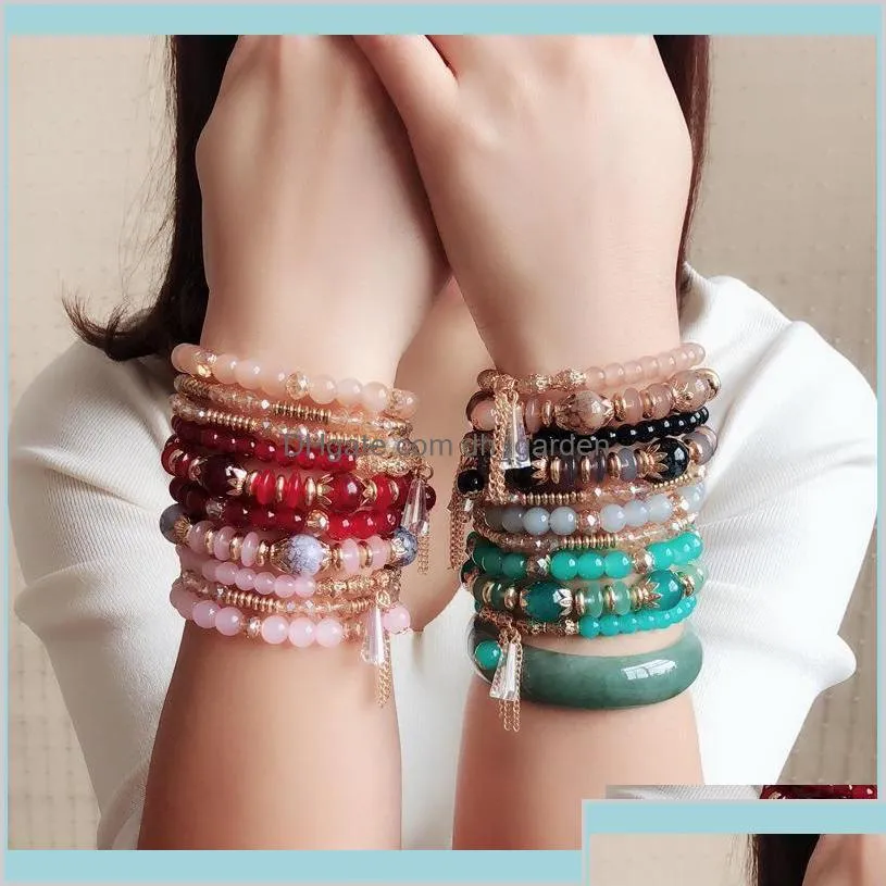 Gioielli di moda donna in rilievo Boho Medio Oriente Stile marino Design originale Mtilayer Anello Braccialetti di perline Bracciale di cristallo 6 stili Ott8F