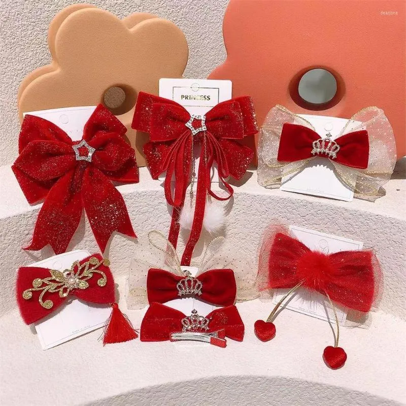 Hair Accessories Year Red Baby Big Bow Ribbon Clips Crystal Headwear Geometric Women Girls Shiny Velvet Hairpins Accessions