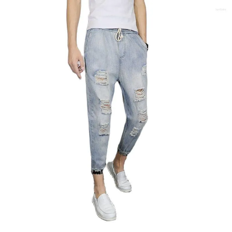 Pantaloni da uomo Jeans strappati con buco strappato effetto vissuto da uomo Pantaloni a matita per adolescenti di colore chiaro casual da cowboy Hiphop Guy All-match