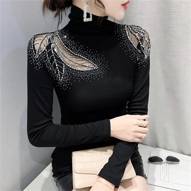 Spring Autumn Women's Tops Shirt Fashion Casual Turtleneck Long Sleeve Hollow Out Drilling Mesh T-Shirt Plus Size 220307