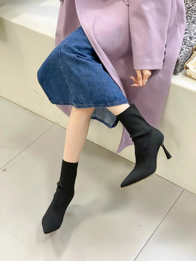 Boots Black Beige Women Mid Claf Knitting Sock Botas Thin High Heels Slip On Stretch Shoes Winter Autumn Pointed Toe Ankle