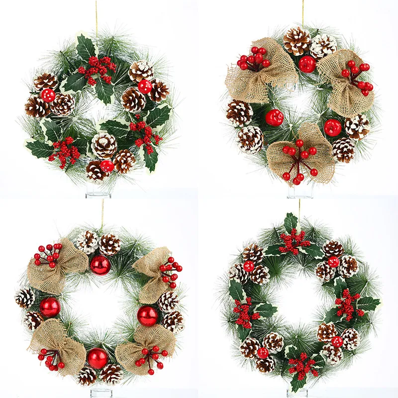 Designer Jul Garland D￶rr h￤ngande dekoration Rine Needle Pine Cone Red Ball Flower Wreath Ornament Party Supplies Wholesale