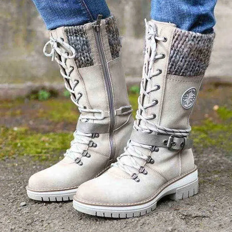 Boots 2022 Women Winter Buckle Lace Knitted Mid-calf Low Heel Round Nose Top Quality Warm Botas De 220805