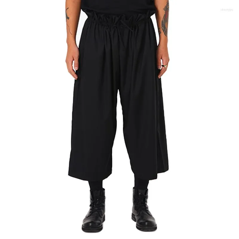 Calça masculina Homens homens Mulheres plissadas cintura elástica Japão harajuku streetwear moda preto calça de saia casal de pernas largas largas largas de pernas largas