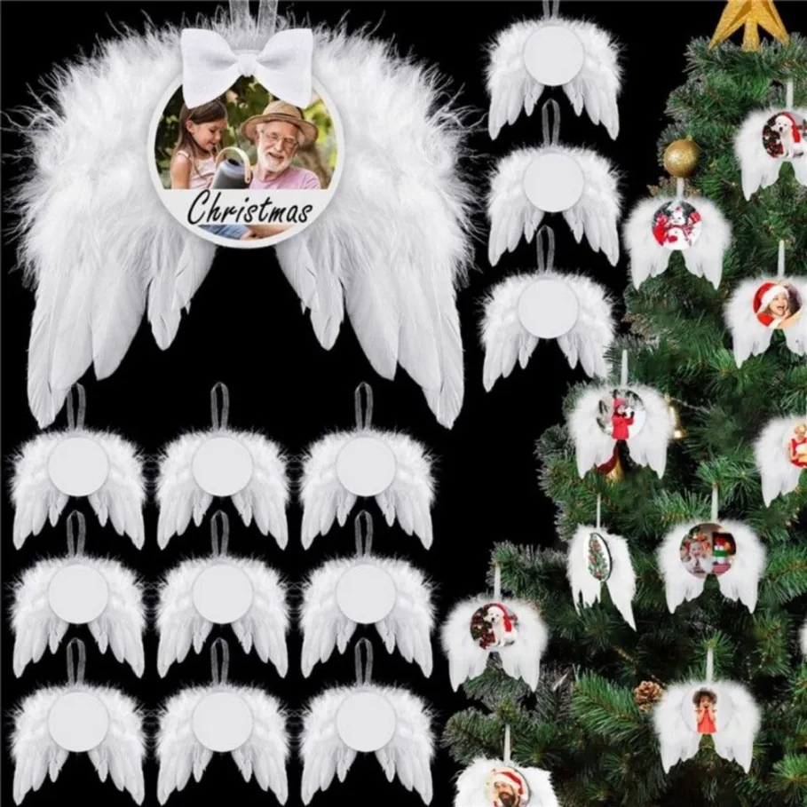 熱伝達天使の翼飾りクリスマス装飾羽毛ペンダントラウンドアルミニウムシートDIYクリスマスツリーハンギングタグB1031