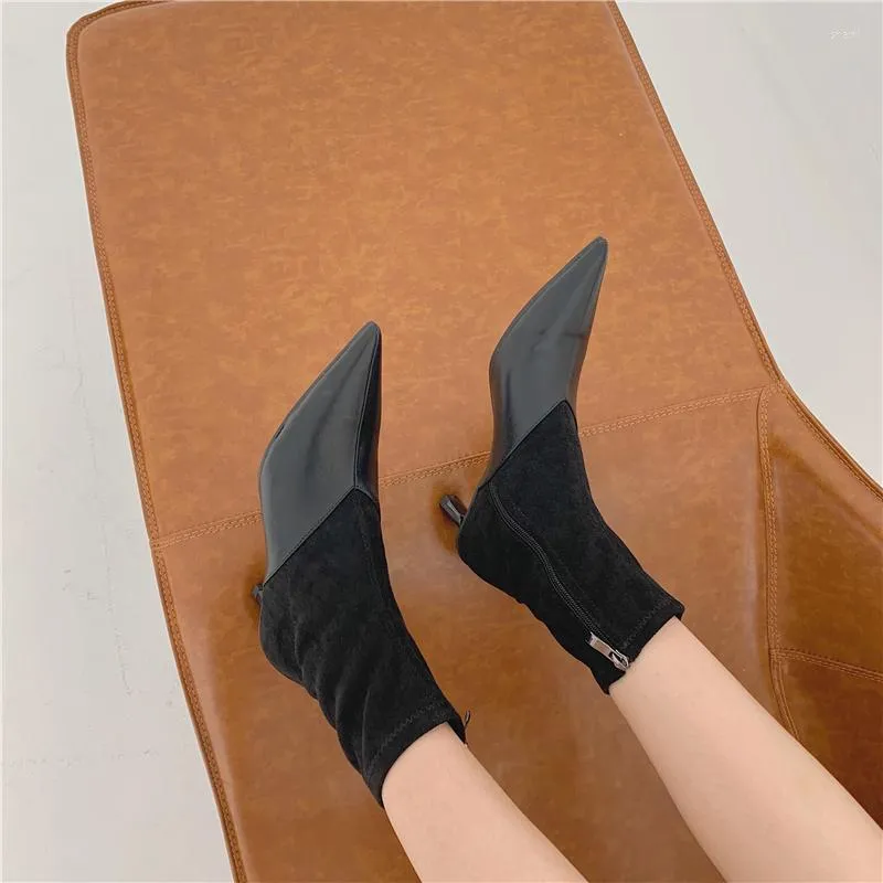 Boots 2022 Women Ankle Pointed Toe Thin Mid Heels Short Woman Side Zipper Sock Fashion Black