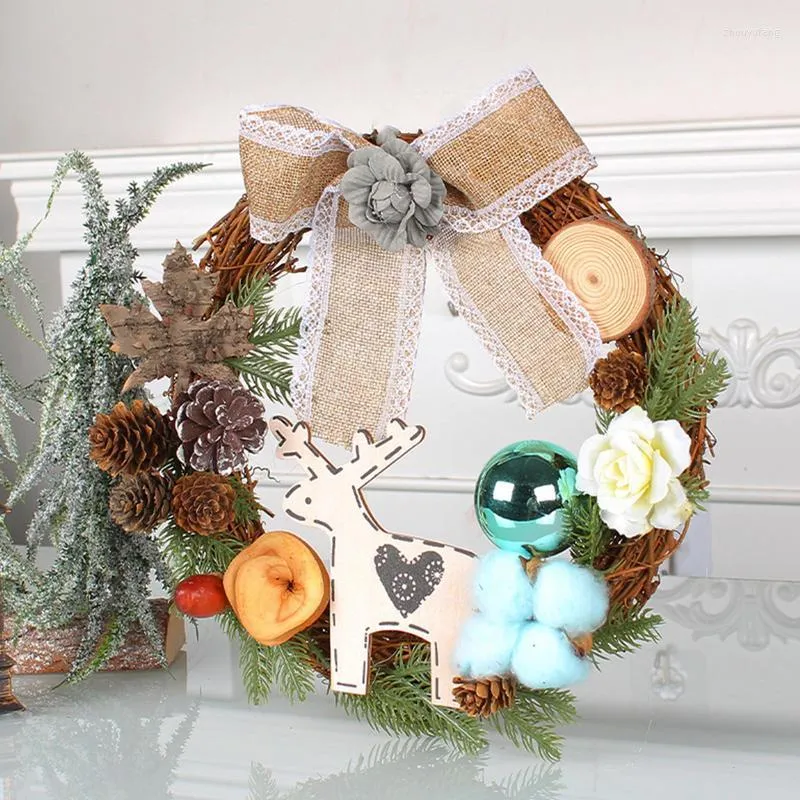 Decorative Flowers Christmas Wreath Front Door Decor With Rattan Branch Elk Cotton Ball Pine Cone Burlap Bowknot Hanger Wreaths For