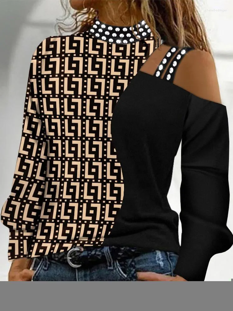 T-shirty damskie moda kobieta TOP 2022 Y2k ubrania Rhinestone nadruk geometryczny zimne ramię moje zamówienia Casual koszula Ropa Mujer Femme