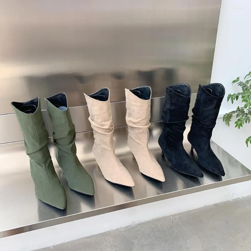 Stivali A Punta Donna A Metà Polpaccio Flock Tacchi Sottili Moda 2022 Arrivi Slip On Nero Beige Verde Inverno Bootis Donna