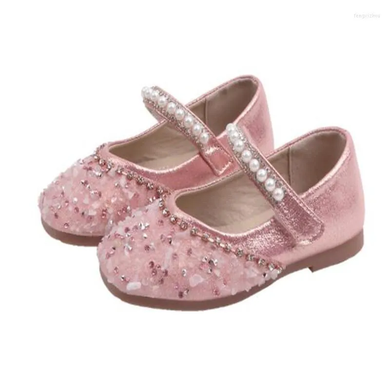 Flat Shoes 2022 Spring Girls Pearl Princess Leather Girls' Crystal Kids Casual Performance Shining Party 21-35