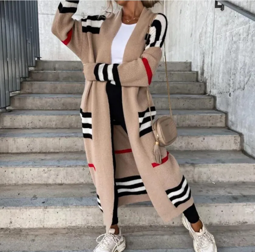 Kvinnors tröjor Autumn Winter Fashion Sticked Cardigan Women Elegant Striped Women Patchwork Loose Long Outerwear Casual Long Sleeve Sweater Coat 2023