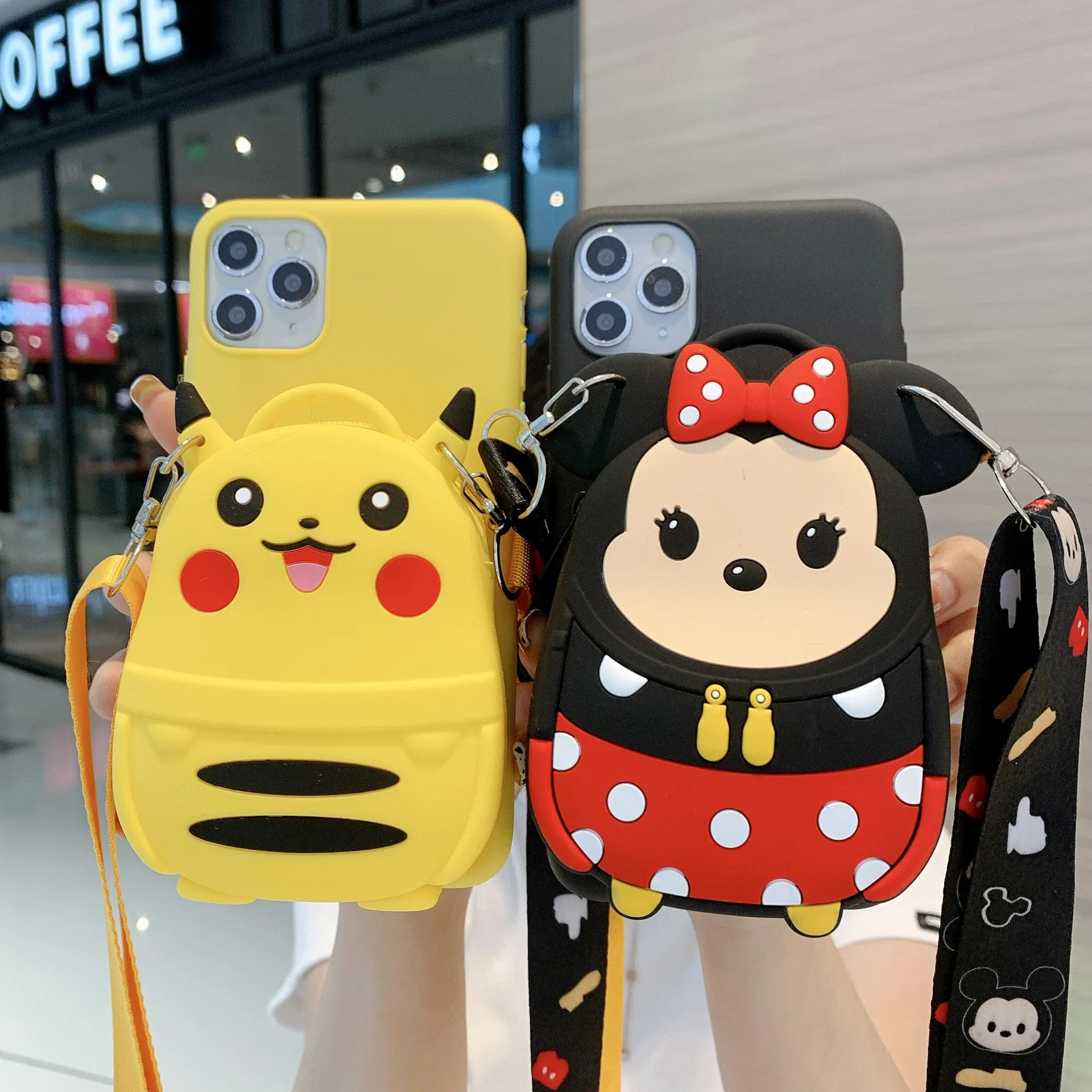Cute Cartoon Mobile Phone Cases For Iphone 14 13 12 11 pro max 7 8 plus x xr Cover 3D Silicon Change Pocket Cartoon Rubber Bump Protector With Strap Girls