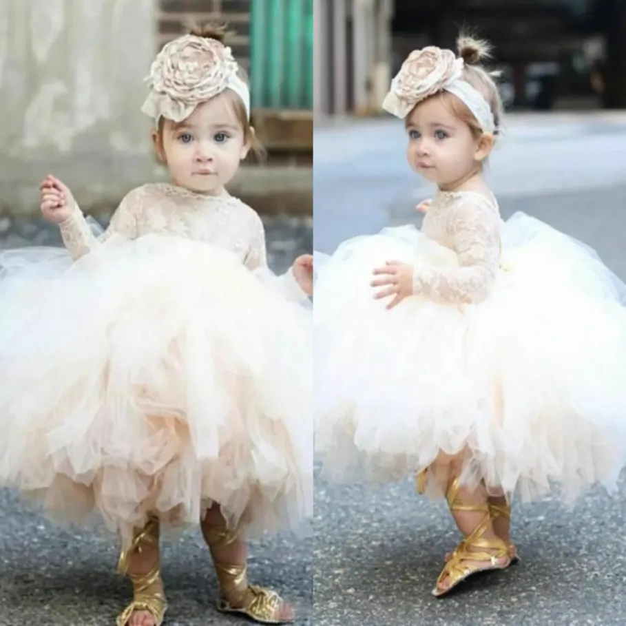 Cute Toddler Puffy Ball Gown Flower Girl Dresses Lace Top Bodice Long Sleeves Tulle Ivory Tutu First Communion Dresses MC3010