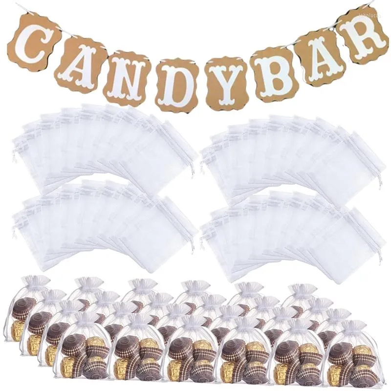Gift Wrap CandyBar Banner With Candy Bags 50pcs Drawstring Clear Pouches Set For Baby Shower Birthday Wedding Party Chocolate Bag