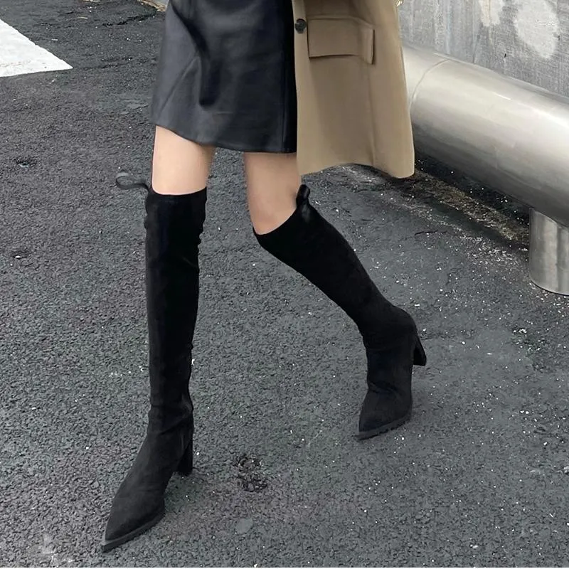 Bottes troupeau femmes sur le genou haut bout pointu chaussons souples talons épais chevalier noir hiver automne chaussures extensibles