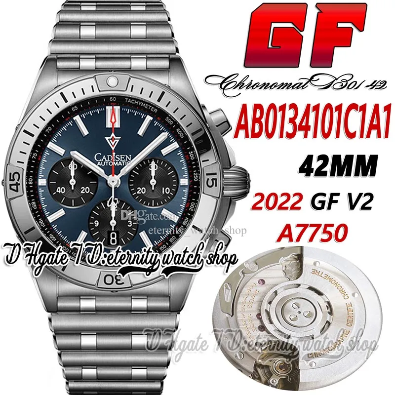 GF V2 B01 Mens Watch A7750 Automatic Chronograph Gffab0134101C1A1 42mm Blue Dial Stick Markers Bracelet en acier inoxydable Super Edition Eternity Stopwatch Watches