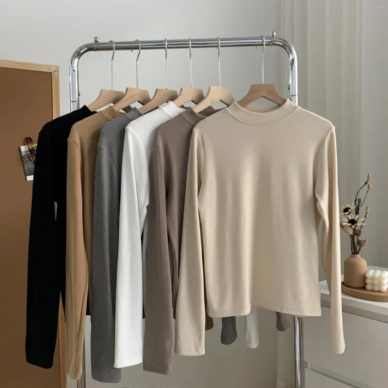 T-shirts pour femmes en automne et en hiver, vêtements de base, petit col haut, coupe ajustée, manches longues, haut élastique, haut pour femmes