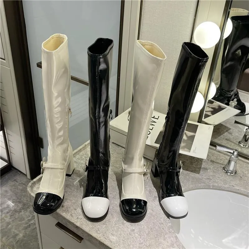 Bottes mode dames bout rond femmes genou haut chaussons couleur mélangée noir blanc talons épais côté fermeture éclair chaussette fête pompes