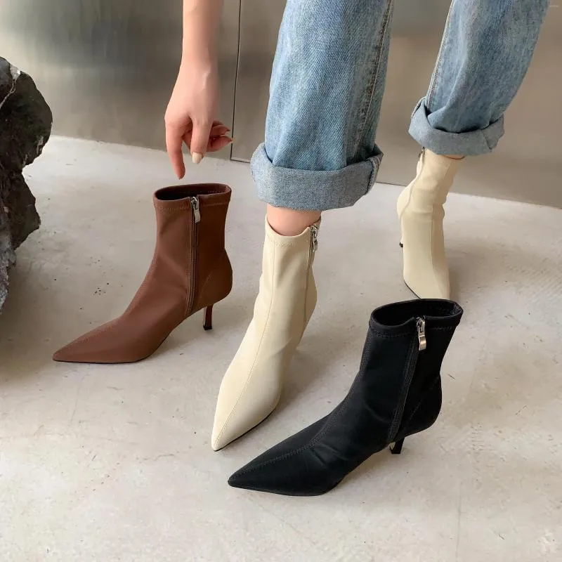 Boots Fashion Women Ongle Company Toe Sock Booties Black Brown White High High High High Zipper Ladies Autumn Spring Short Bota