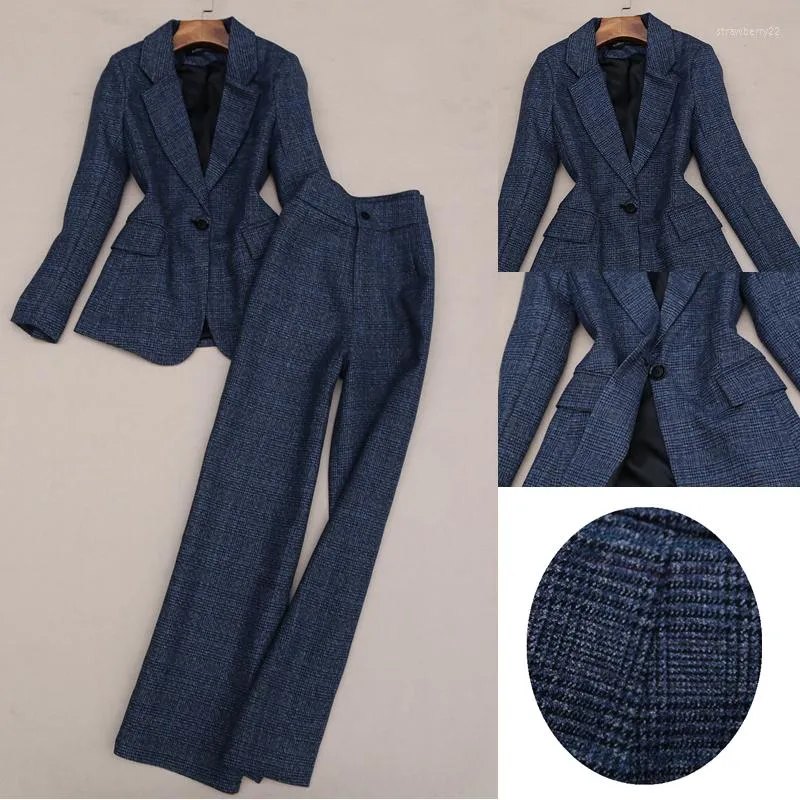 Женские брюки с двумя частями элегантный фальшивый шерстяной пиджак и одна подборная офисная леди официально износ клетчат
