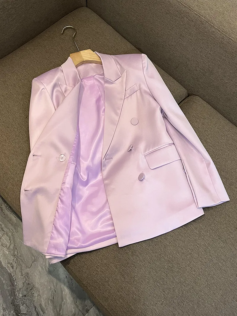 2023 Rosa / Grüne Farbe Zweiteilige Kleidersets Langarm Revers Einreiher Blazer Top Hohe Taille Kurzer Rock Anzüge Set O3A092242