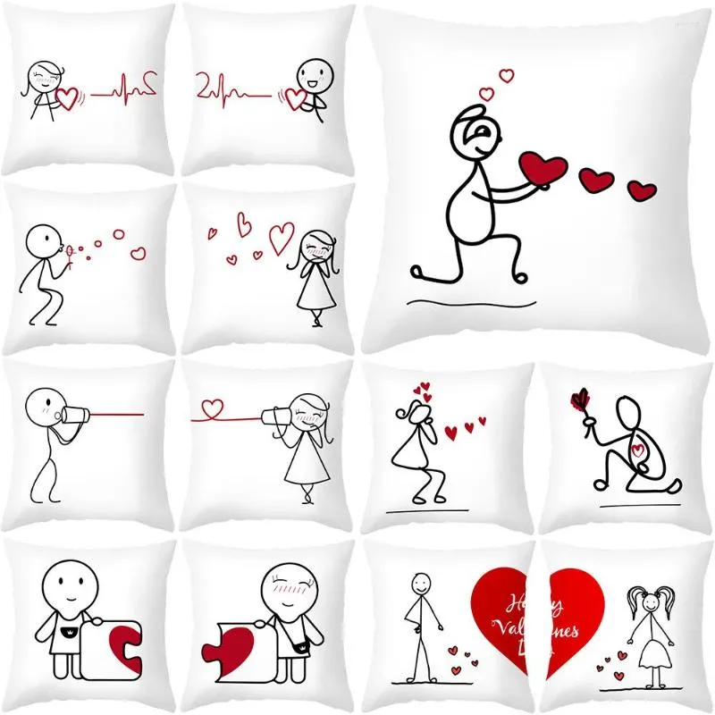 Cuscino Copertina per San Valentino Motivo a cartoni animati Stampa Divano per ufficio Coppia Decorazioni per la casa Cuore d'amore 45x45 cm