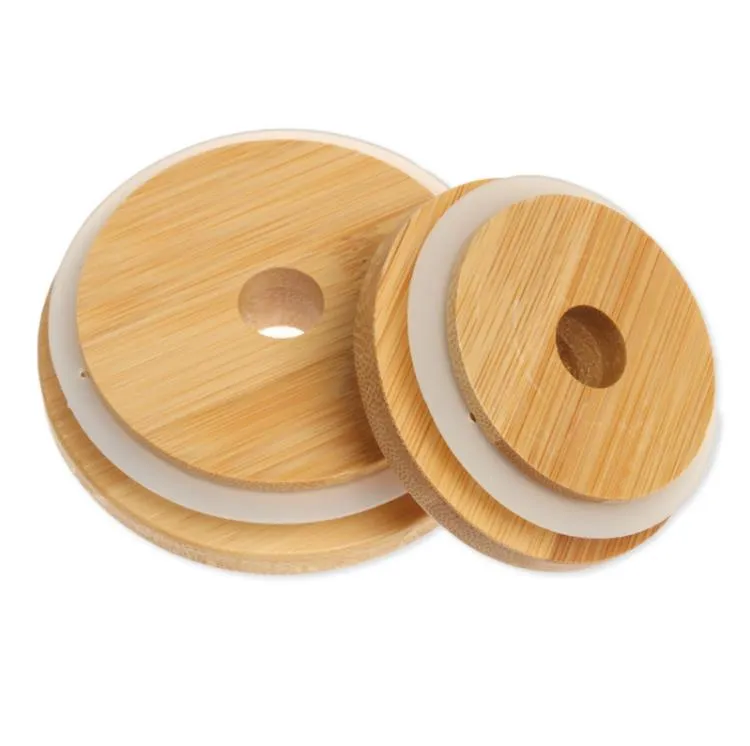 Bamboo Glass Cup Lids 70mm 88mm Reusable Wooden with Straw Hole and Silicone Seal DHL SN28