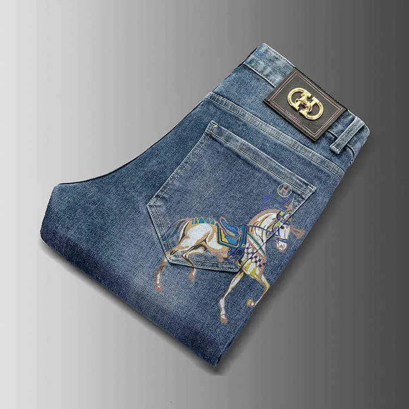 Brand Spring Summer Jeans Elastic Version's Elastic Corean Feet Slim Fede Golden Stamping Blue Pants265G