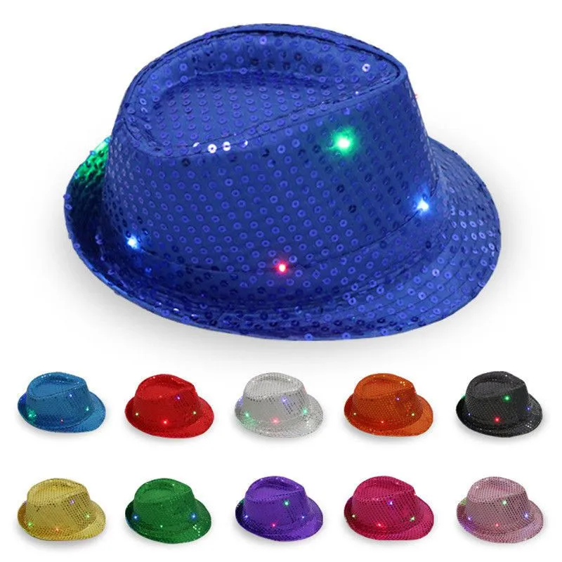 Unisex LED Jazz Hat Flashing Light Up Sequin Fancy Shiny Colorful Lights Luminous Caps Halloween Party Costume Accessories RRA353