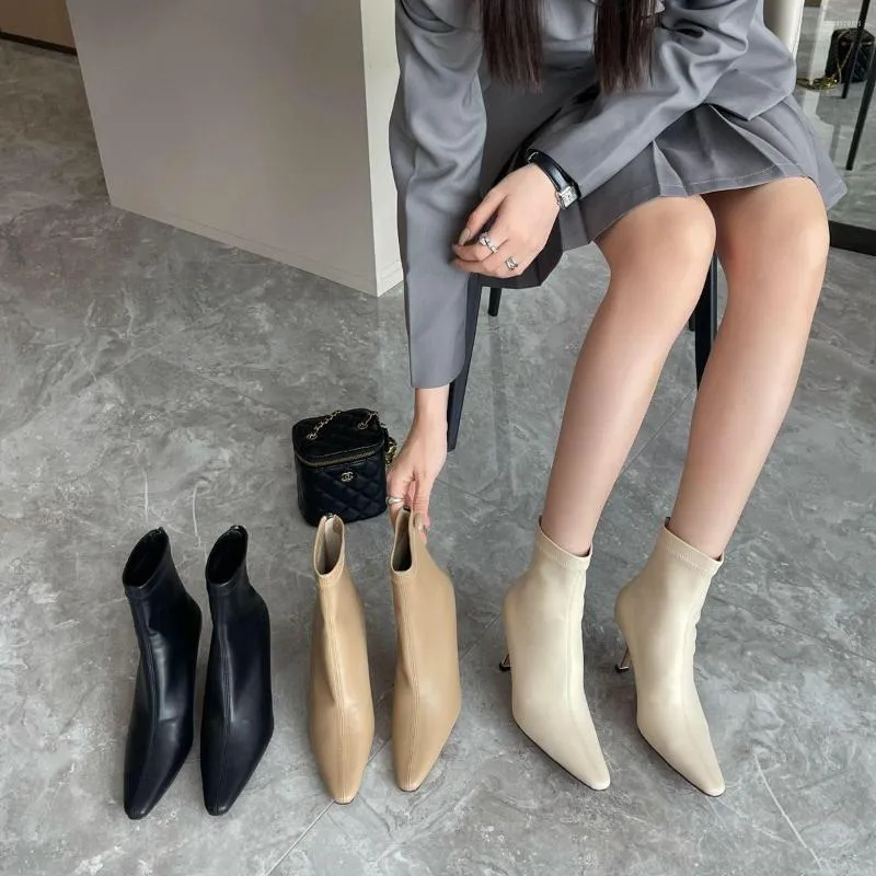 Boots Pointed Toe Women Ankle 2022 Arrivals Black Beige Khaki Winter Autumn Sock Booties Back Zipper Pumps