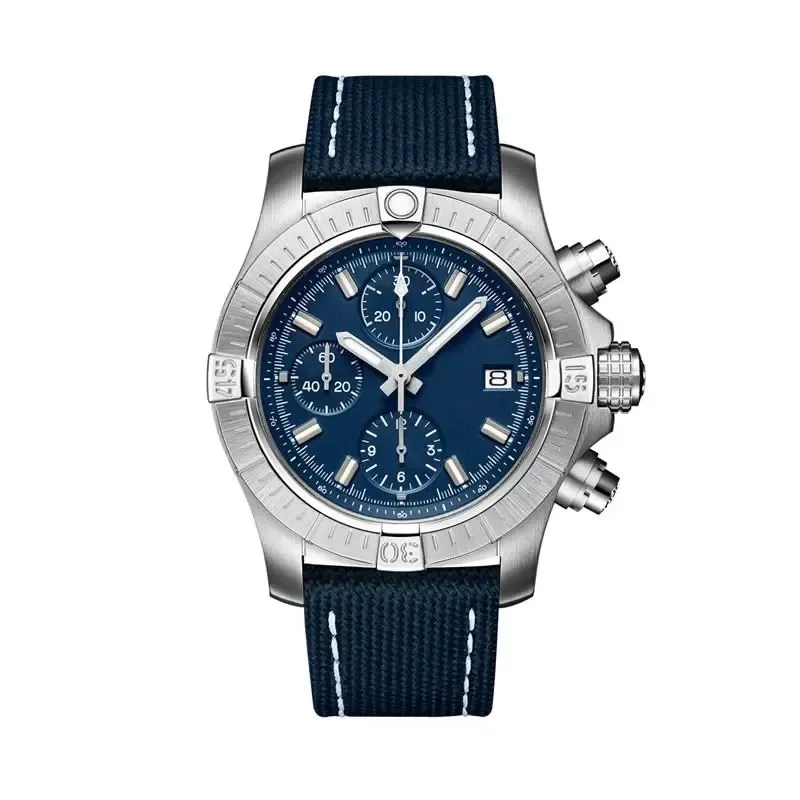 Reloj de lujo para hombre Movimiento de cuarzo Cronógrafo Relojes de diseño de alta calidad Pulsera de acero inoxidable Cristal de zafiro Relojes de pulsera deportivos de cuero azul negro