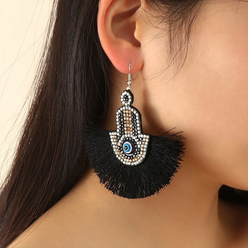 S3289 Fashion Jewelry Blue Eyes Dangle Earrings For Women Handmade Tassels Rhinestone Fatima Palm Evil Eye Earrings