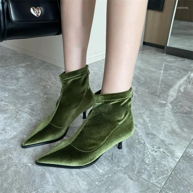 Boots Size 35-40 Women Ankle Booties Sock Bootie Black Beige Green Back Zipper Stretch Shoes Stain Thin High Heels Fashion Winter Bota