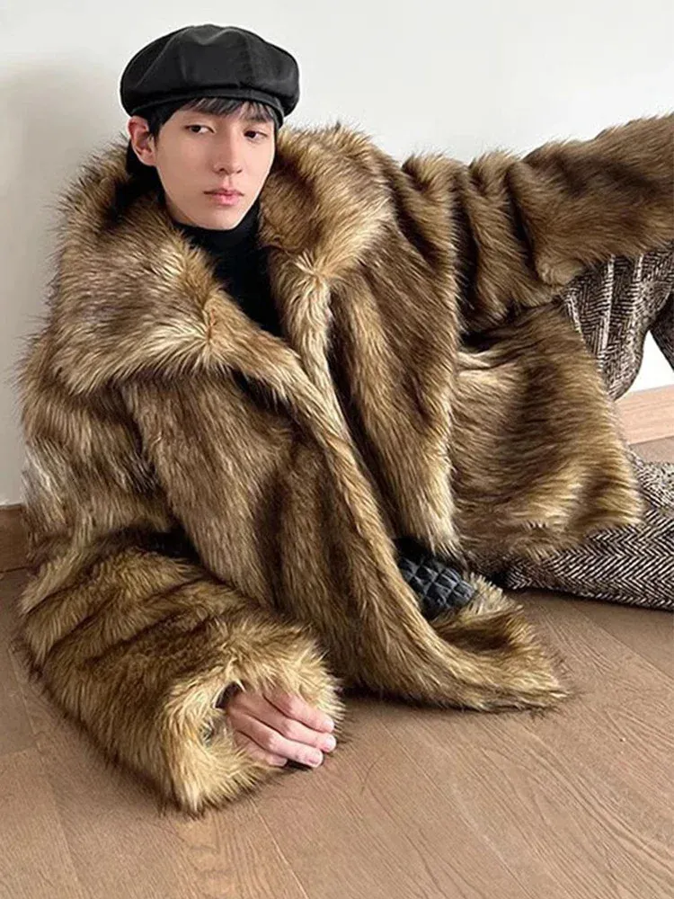 Mens Thick Warm Faux Fur Coat Long Sleeve Shaggy Artificial Fur