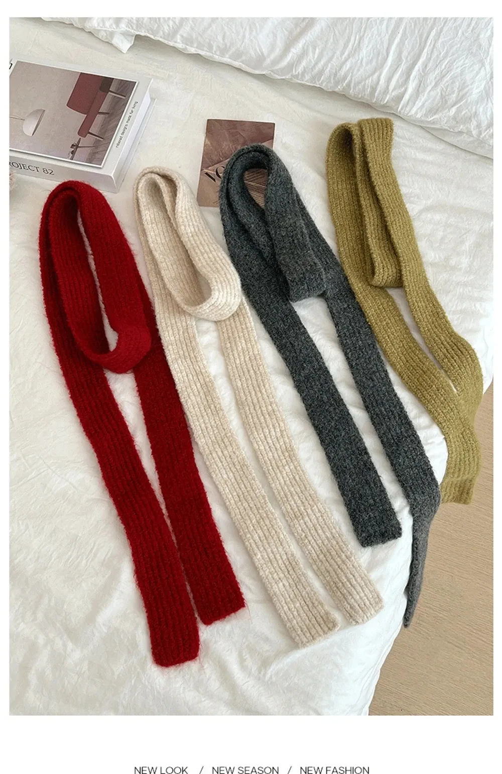 Winter Solid Color Narrow Long Scarf For Women, Korean Knitted Woolen ...