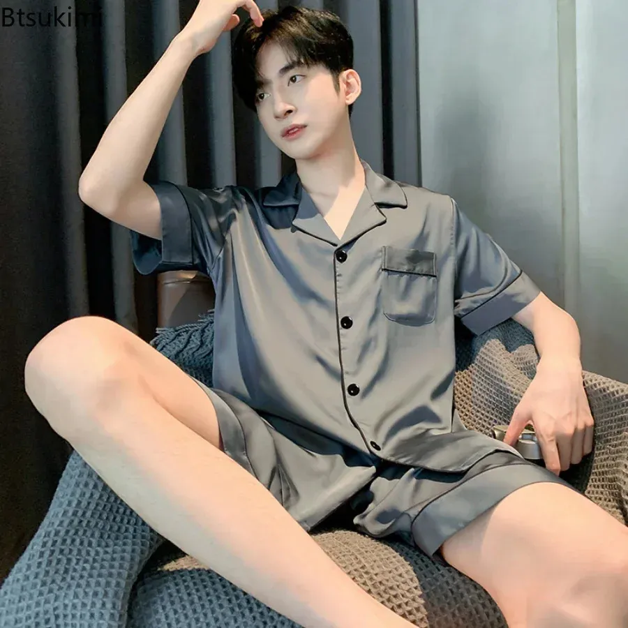 Set Di Pigiama Da Uomo Seta Satinata Pijama Collare Collare Da