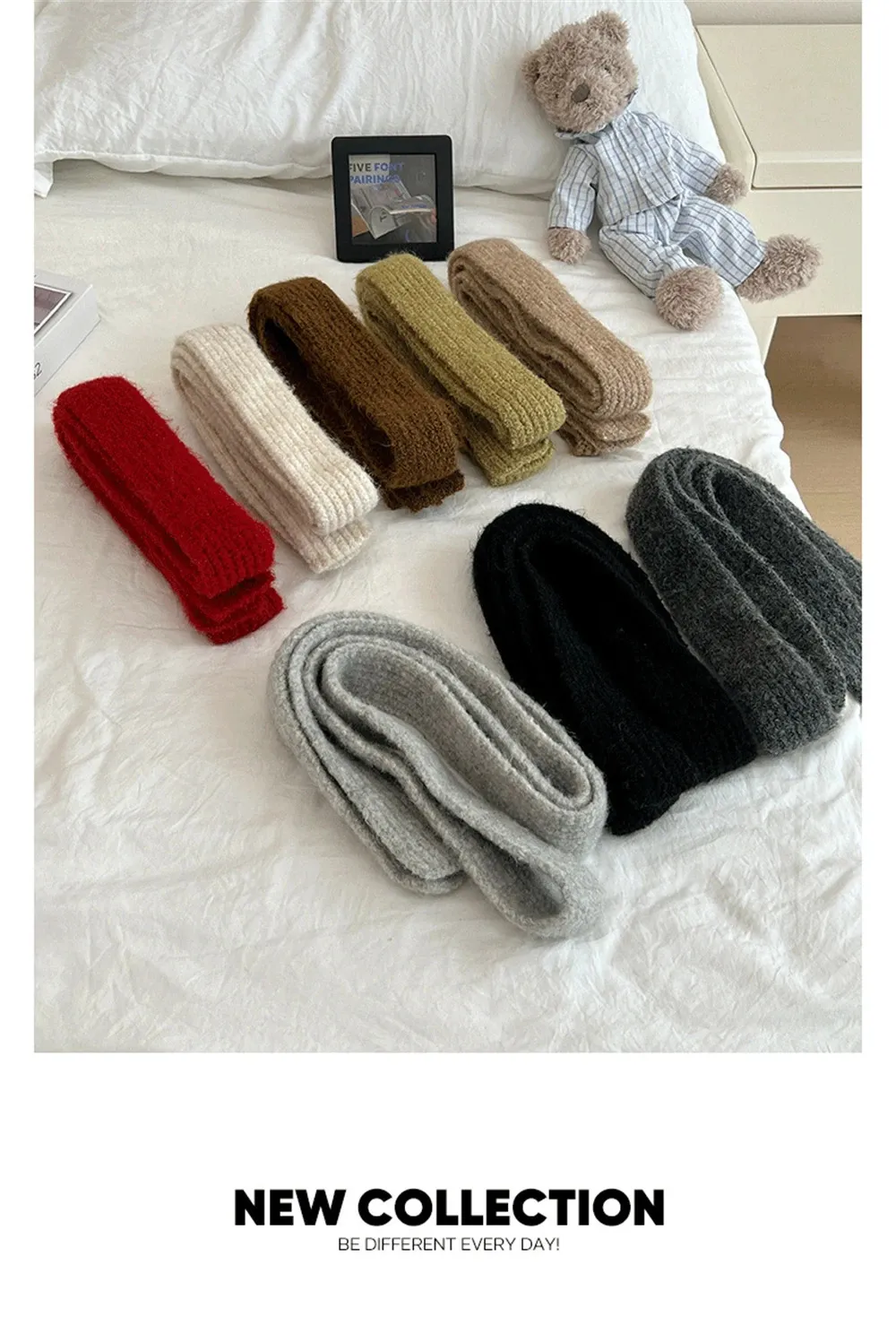 Winter Solid Color Narrow Long Scarf For Women, Korean Knitted Woolen ...