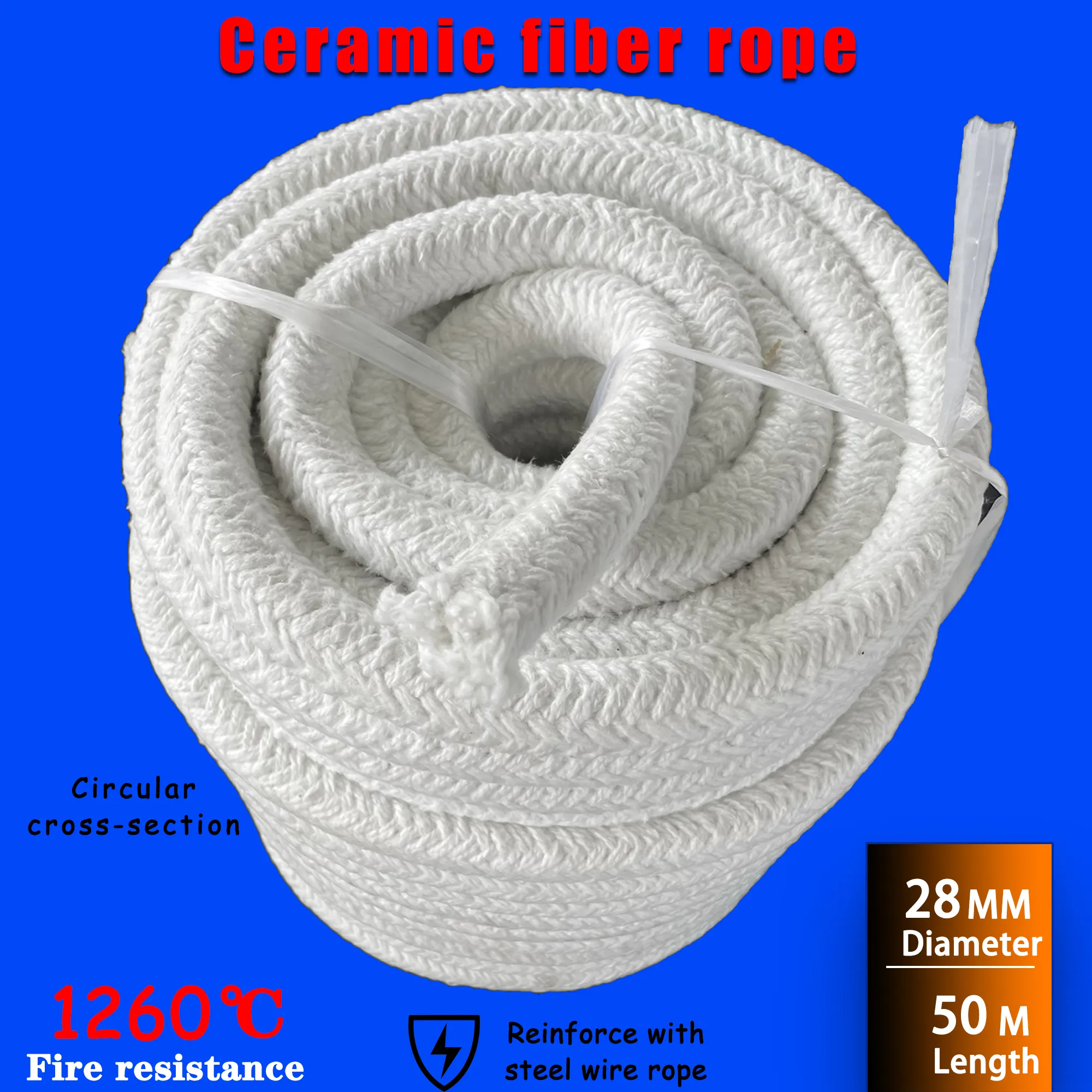 Hvac Rope Insulation 28mm 1.1 in x 50m 164 ft Ceramic Fiber Rope High-Temperature Resistant ...