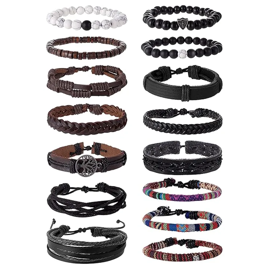 Braccialetti In Pelle Intrecciata Con Perline Di Legno - Uomo E Donna, Regolabili - Foto 3