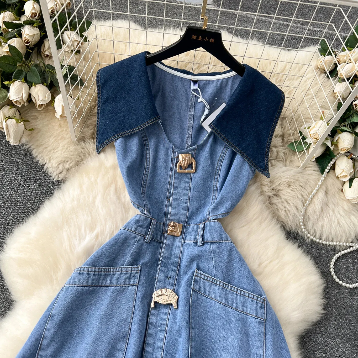 loose denim dress Button Up Notched Long Sleeve Light Blue / S Tumble dry low Retro Denim Dress Women's Autumn