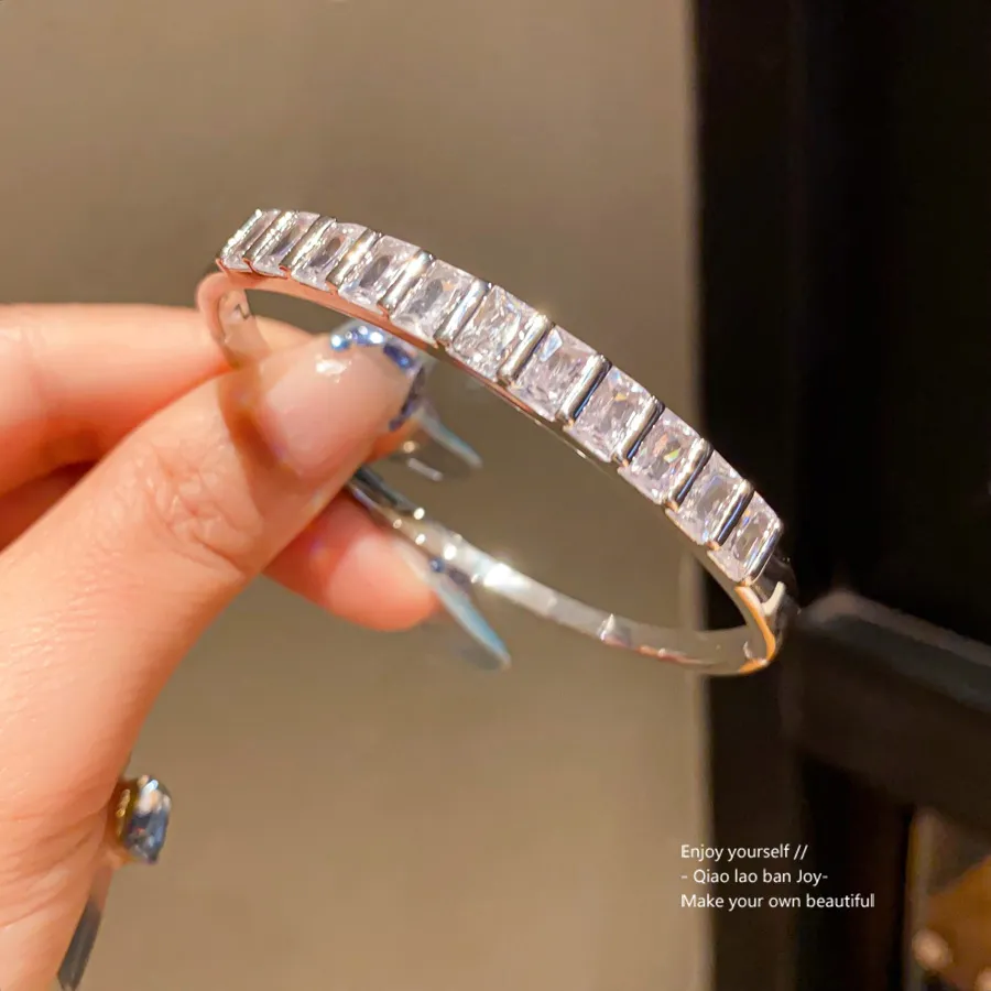 Silver - Toned Open Cuff Bracelet With Row Of Rectangular Crystal Detail, Sleek For Daily Or Glamorous Looks, Elegant_voghion.com