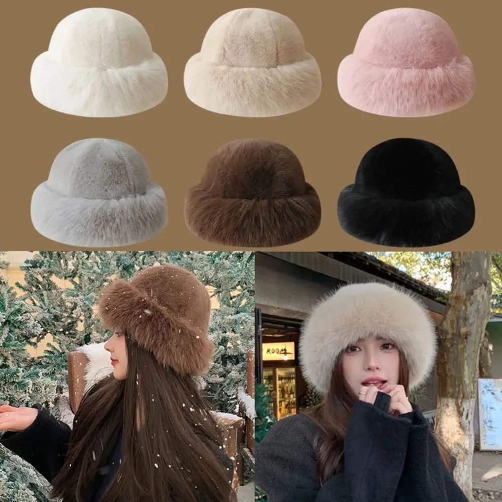 1pc Women Winter Furry Hat, Thicker Design Bucket Hat, Warm Headwear, Solid Furry Faux Fur Bucket Hat for Women Warm Winter Plush Fully  main image 3