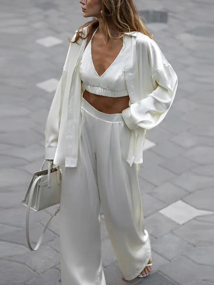 Sexy Loose Silk Sets Women Outfit Fashion Long Sleeve Shirts Bra