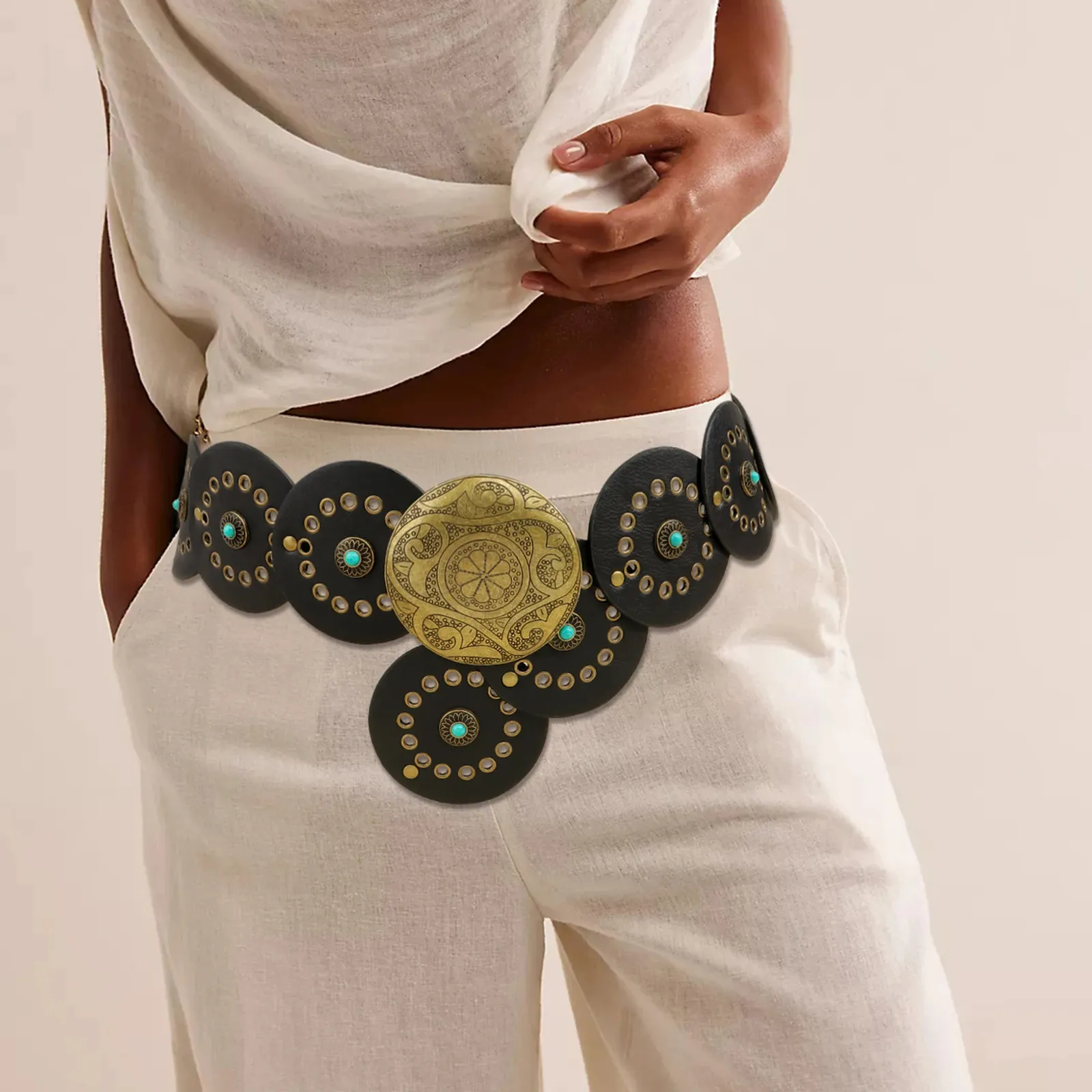 Vintage Western Boho Chic Rivet Waist Belt For Women Wide Y2K Dress — free download