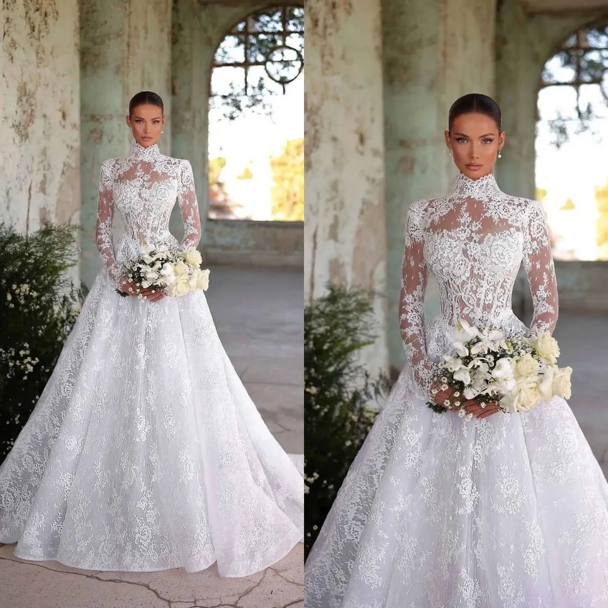 25% OFF – High‑Collar Lace A‑Line Wedding Dress, Plus‑Size Bridal Gown with Removable Cathedral Train